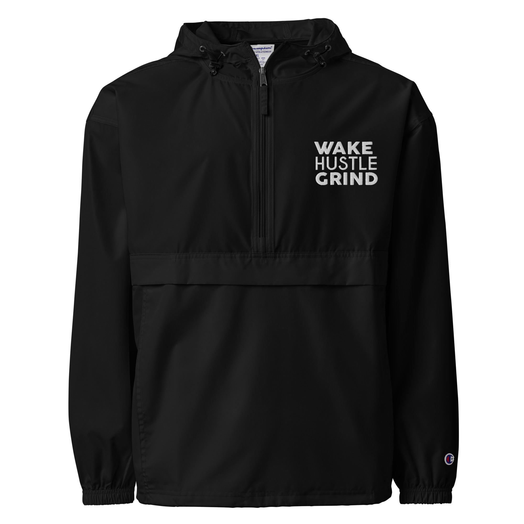 wake-hustle-grind embroidered-champion-packable-jacket-black-front-69595f5567931