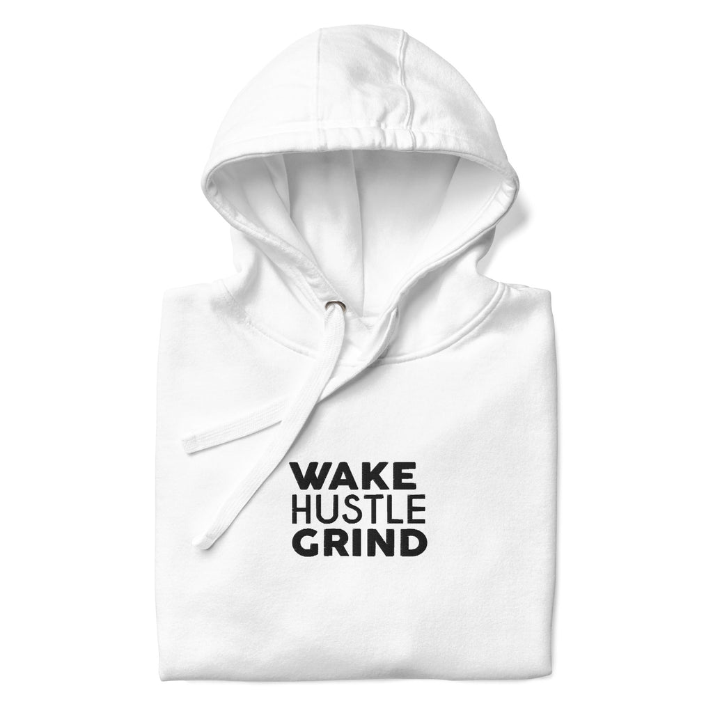 wake hustle grind hoodie white stiched hoodie